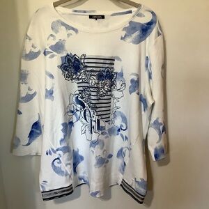 OLSEN: White and Blue Floral Long Sleeve Top (NWOT)